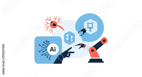 Artificial Intelligence (AI) and Robotics Interaction Concept. Vector Illustration of Machine Learning, Neural Networks, and Automation Technology.