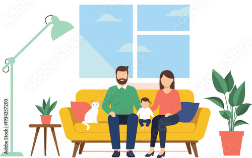 Happy Family Sitting on Sofa at Home with Parents, Child and Cat Cozy Living Room Vector Illustration
