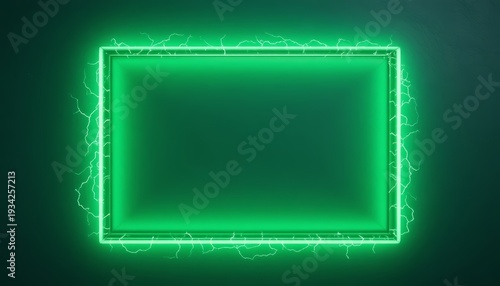 Glowing green neon rectangular frame with electric lightning bolts on a dark background.