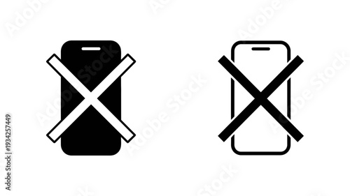 A bold black and white icon showing a smartphone with a large 'X' across it, indicating no phone usage.