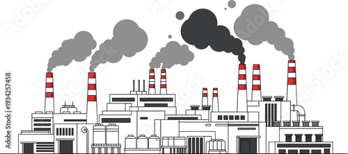 Industrial Factory Skyline with Smoking Chimneys and Urban Pollution Concept Vector Illustration