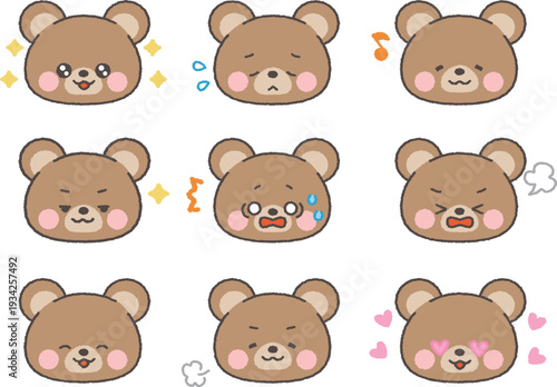 くまの顔アイコン　コミカル表情セット　線あり