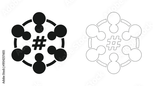 A central hashtag symbol is surrounded by multiple simplified people icons, illustrating social network connections and community engagement.