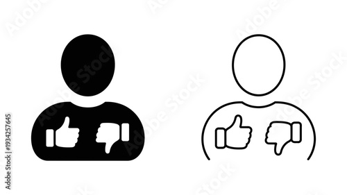 A stylized person icon displaying both a thumbs-up and a thumbs-down gesture, representing feedback, approval, or disapproval.