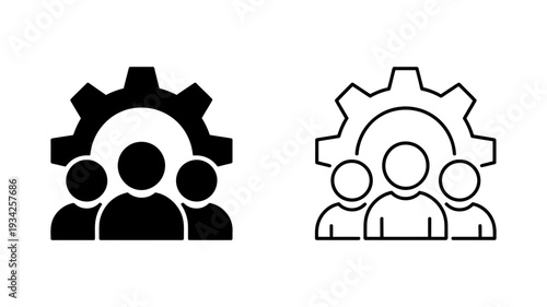 A large gear encompassing three stylized people icons, representing team management, organized collaboration, and collective efficiency.