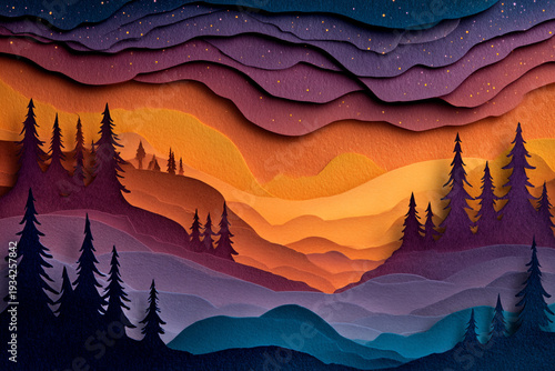 Stylized 3D layered paper-cut landscape featuring purple evergreen silhouettes against a vibrant orange and violet sunset starry sky.