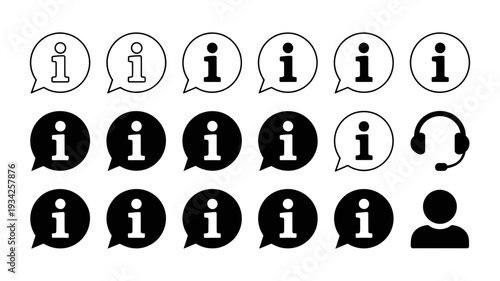 A collection of black and white information icons and a support person with a headset, indicating customer service and query resolution.