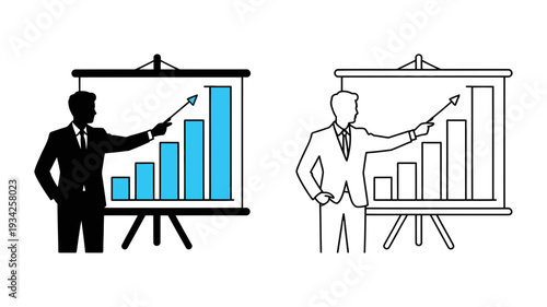 A businessman actively presenting a growing bar chart with blue bars on a flip chart, in solid and outline.