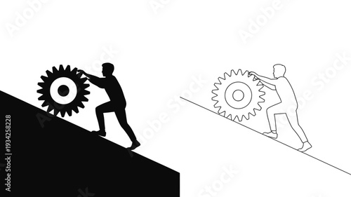 A determined person pushing a large gear uphill in silhouette and outline form.