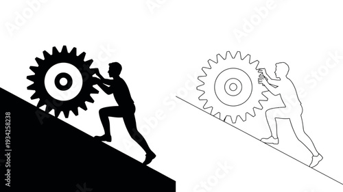 An icon of a man pushing a gear uphill, representing effort and progress.