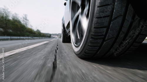 Sportwagenreifen in Bewegung auf der Rennstrecke. Dynamische Nahaufnahme – ideal für Themen wie Sommerreifen, Semislicks, Winterreifen, Radwechsel, Fahrsicherheit und Performance.