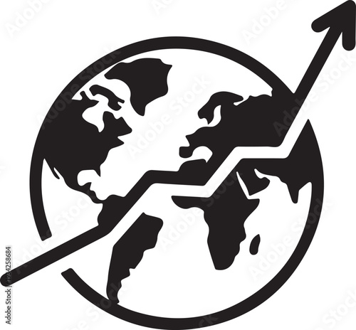 Global growth trajectory represented by a rising arrow intersecting a world map Vector