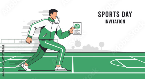 Sports Day Invitation Design: Man in Tracksuit with Whistle and Card