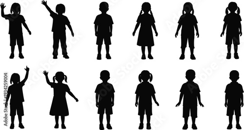Black silhouettes of young children and kids standing in various poses, waving hands and elementary students vector illustration,