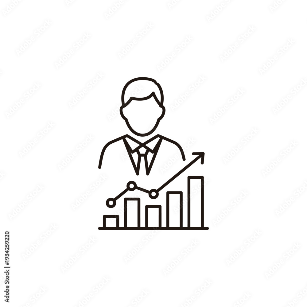 Fototapeta premium A simple line illustration of a businessman analyzing a bar graph with an upward trend
