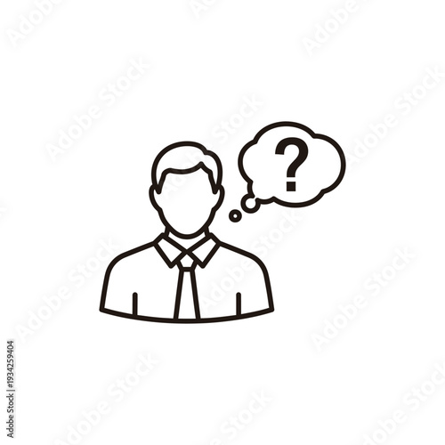 A man in a collared shirt with a puzzled expression and a thought bubble containing a question mark