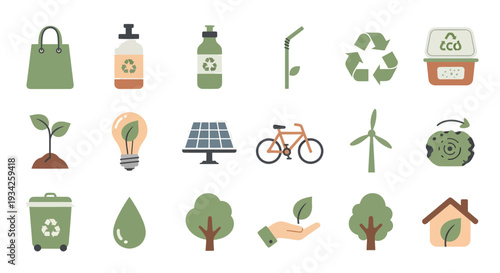 Eco Friendly Life and Sustainability Icon Set for Green Energy and Zero Waste Concept