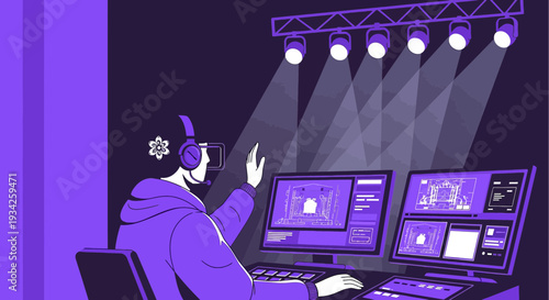 Stage Lighting Technician Controlling Show with Computers and Headphones