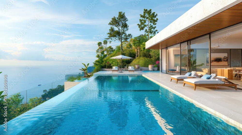 Fototapeta premium Architectural Glass Villa Poolside Lifestyle Concept with Modern Aesthetic and Space