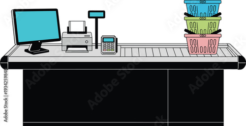 Supermarket Checkout Counter with Cash Register, POS Terminal, Barcode Scanner and Shopping Baskets Vector Illustration