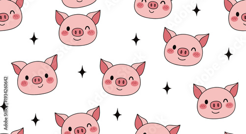 Cute Pig Face Seamless Pattern with Smiling Pink Cartoon Pigs and Sparkle Stars Vector Illustration Background