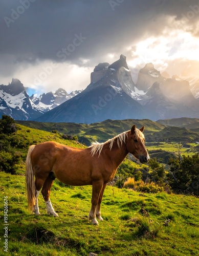 A majestic horse stands in a lush green field with a mountain backdrop