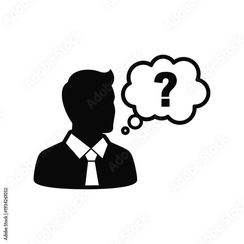 A man in a suit thinks with a puzzled expression, having a thought bubble with a question mark