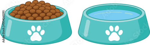 Cartoon pet food and water bowls isolated on white background, colorful vector illustration of dog or cat feeding dish with kibble and drink