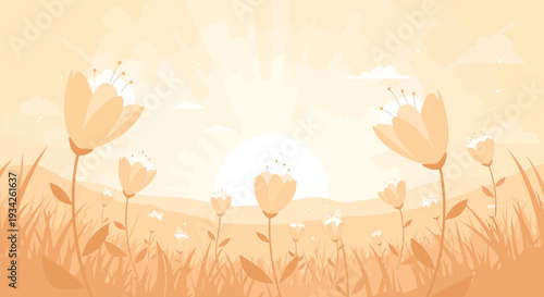 Soft Sunrise Meadow with Blooming Flowers, Warm Orange Hues, Spring Nature Background