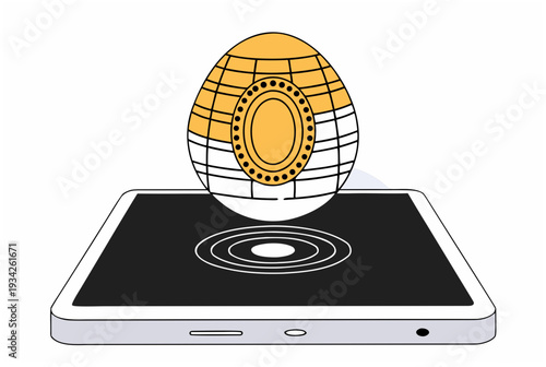 Gold egg with elaborate pattern appearing as a hologram from a smartphone, concept of digital Easter innovation. Vector illustration for hyper-functional B2B design