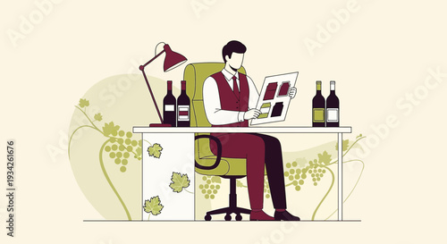 Sommelier Assessing Wine Color Samples at Desk with Bottles