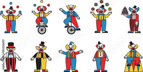 Funny Circus Clown Characters Collection with Juggling, Unicycle, Magic Tricks and Comedy Performance Vector Illustration Set