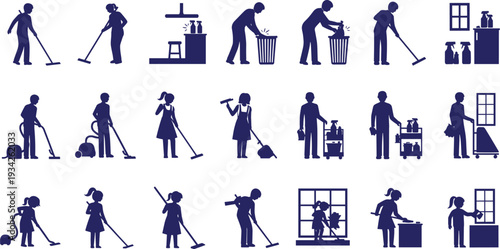 Cleaning service workers silhouettes set with janitors vacuuming mopping and window washing professional housekeeping vector illustration isolated on white background