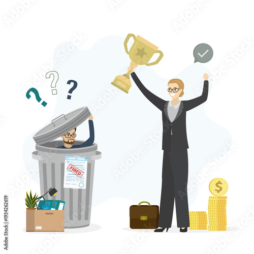 Winner and loser, funny business characters. Fired man, jobless bankrupt sitting in metal trash can. Successful woman manager gets promotion and money bonus