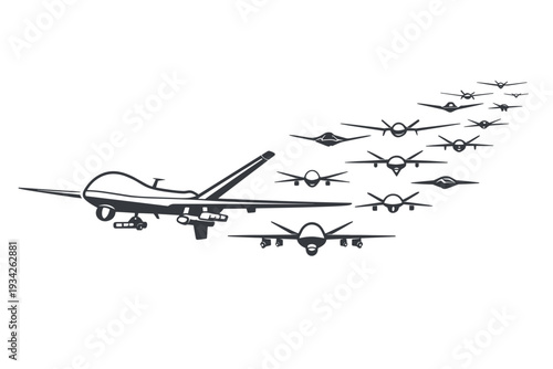 Military drone swarm flying in formation, modern warfare concept