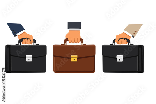 Three hands holding briefcases, representing business deal or negotiation