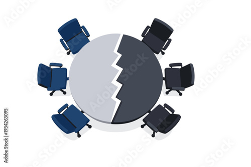 Round conference table divided, empty chairs for negotiation