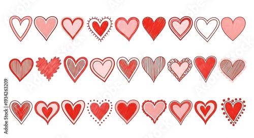 Collection of various red and pink heart shapes with different patterns and designs on white background for love and valentine's day concepts