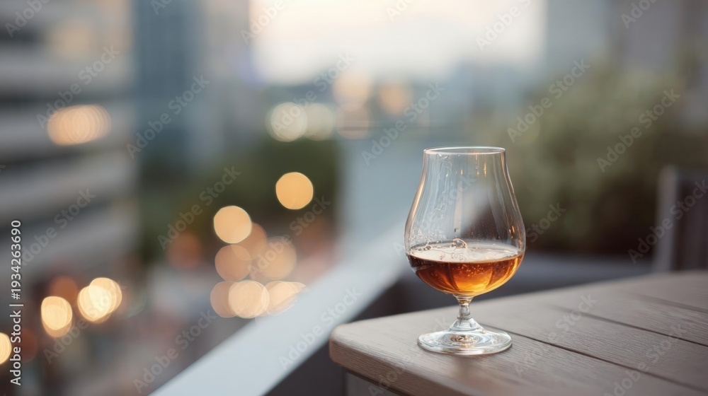 Obraz premium Glass of cognac on a wooden table. the glass is filled with a golden-brown liquid, which appears to be cognac.
