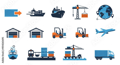 Logistics and shipping icons set for global trade and transport.