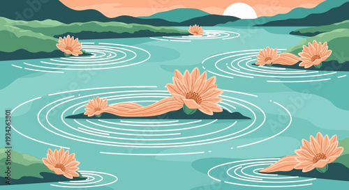 Serene Waterscape with Floating Coral Flowers and Ripples at Sunset