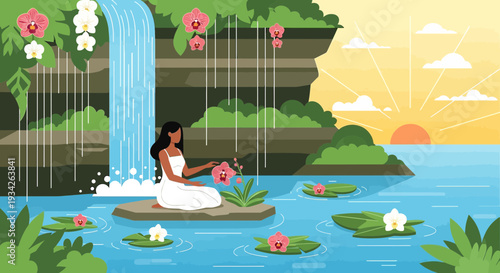 Serene Woman in Tropical Waterfall Oasis with Orchids and Sunrise