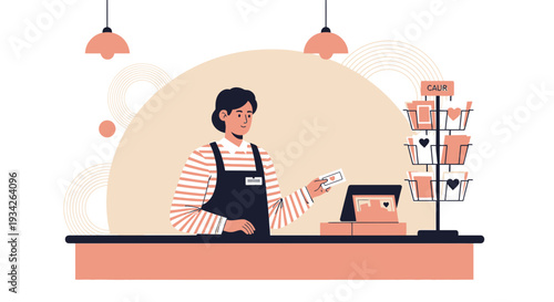 Shopkeeper at counter with greeting cards display and cash register, flat illustration