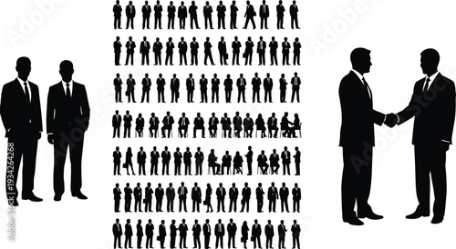 Business people silhouettes in suits, standing, sitting, shaking hands, professional men and women icons for corporate networking and teamwork
