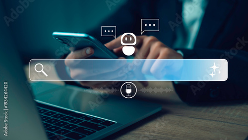 AI search engine and smart prompt concept with digital voice search interface, SEO optimization, keyword strategy, website ranking growth, and intelligent online marketing tools.