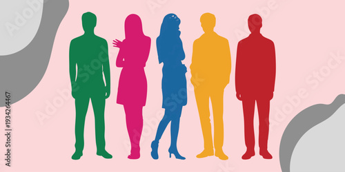 High-quality colorful silhouettes of a diverse group of people in stylish poses. This vector EPS file offers clean, vibrant human outlines ideal for social media marketing and lifestyle design project
