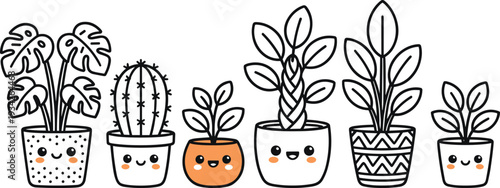 Cute cartoon houseplants in smiling pots, kawaii succulent and cactus vector illustration set isolated on white background for nursery decor design