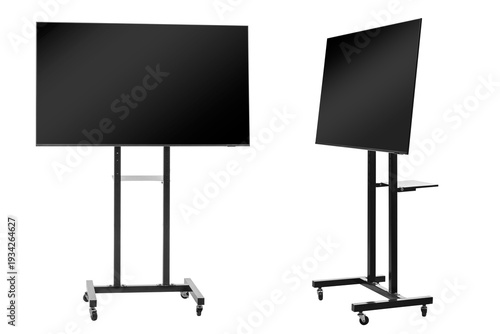 Front and side views of a professional mobile TV cart with a large flat-screen monitor. Features a black metal frame on lockable wheels with a utility shelf, isolated on a white background