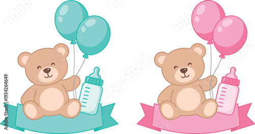 Cute teddy bear with balloons and baby bottle in pink and blue theme, baby shower celebration vector illustration isolated on white background