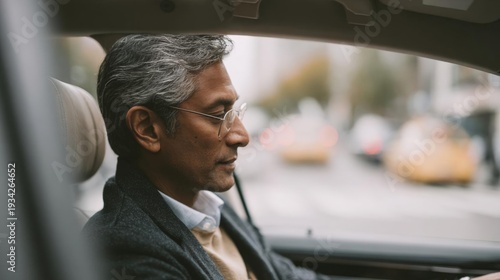 Middle-aged man sitting in the driver's seat of a car. he is wearing a suit and glasses and appears to be deep in thought.